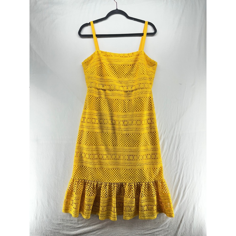 J.Crew Yellow Eyelet Lace Ruffle Hem Midi Dress Size 10 Adjustable Straps